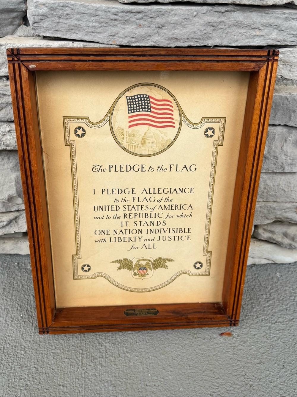 Vintage Framed Pledge of Allegiance Print Antique Wood Wall Art Emblem Signed